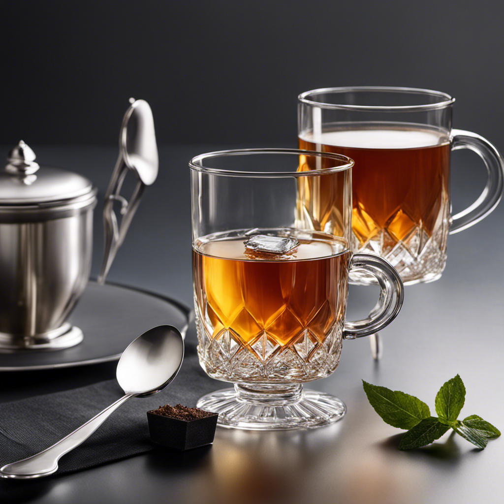 An image depicting a crystal-clear glass filled with tea, a delicate silver spoon, and a single sugar cube slowly dissolving, revealing the precise measurement of teaspoons required to sweeten the brew