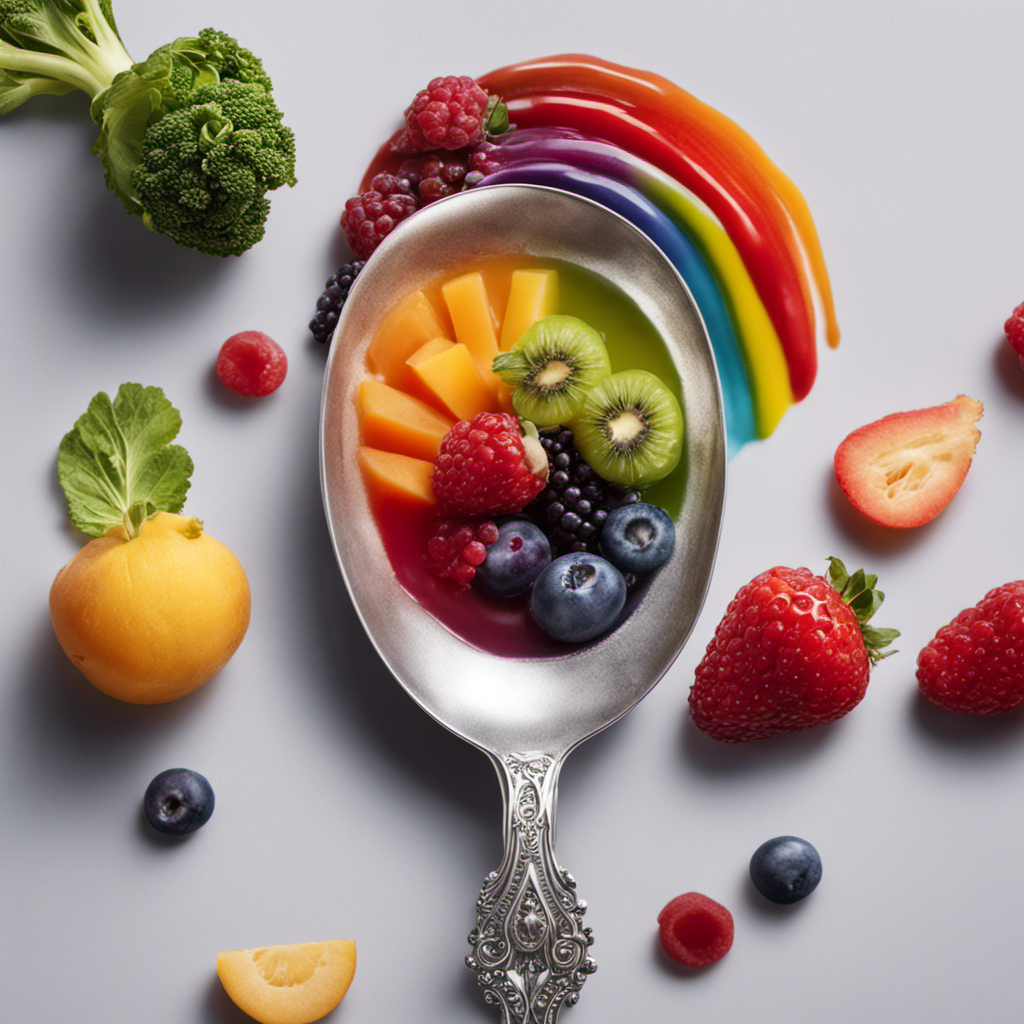 An image showcasing a delicate silver teaspoon, gently cradling a dollop of velvety baby food, with colorful pureed fruits and vegetables cascading down like a rainbow, evoking the essence of nutrition and care