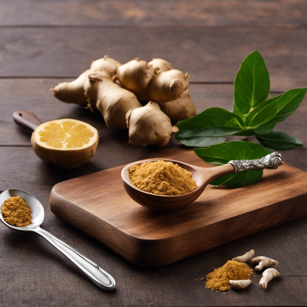 An image featuring a wooden cutting board with a thumb-sized ginger root beside it