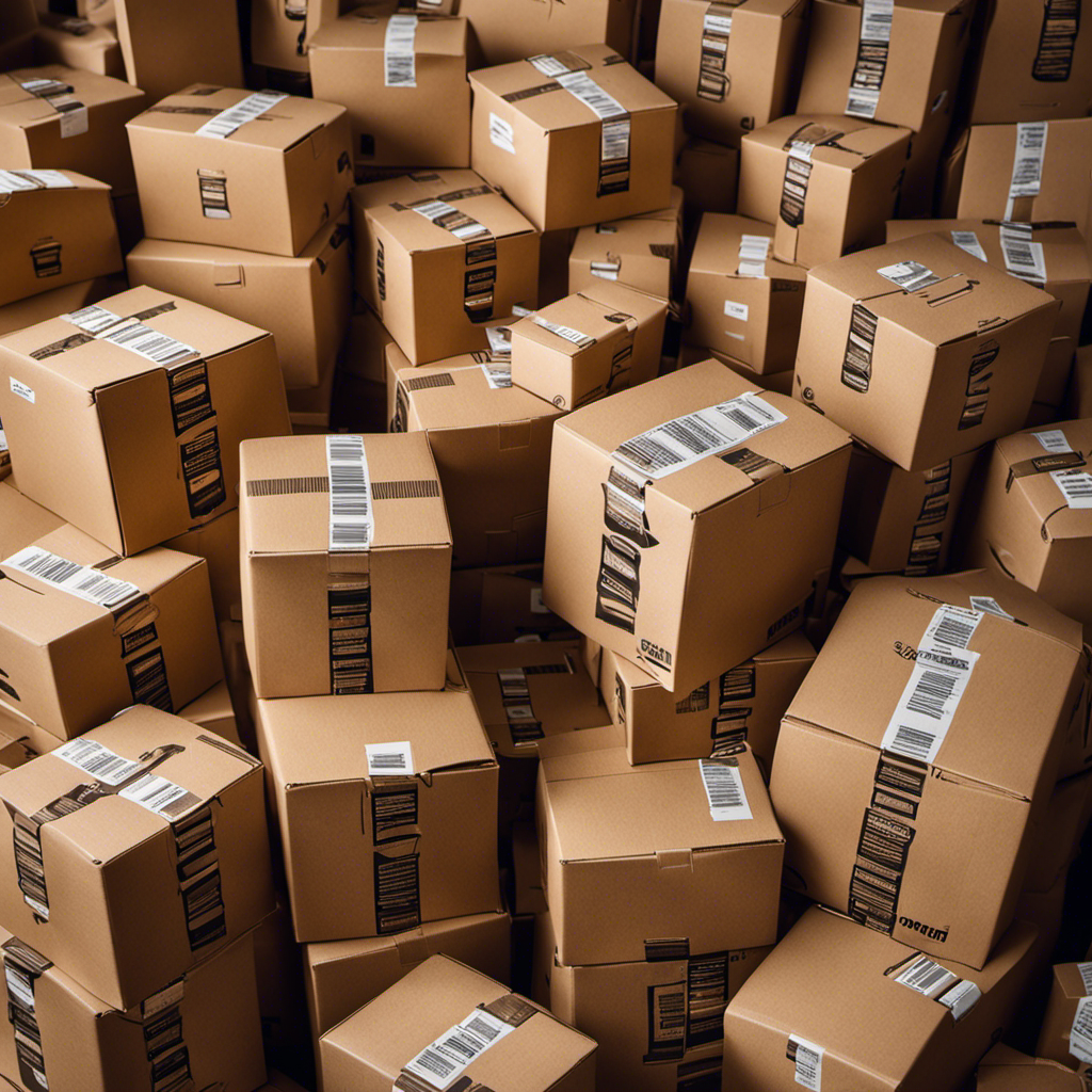 An image that showcases a neatly arranged pile of Amazon Prime boxes, each overflowing with loose teaspoons