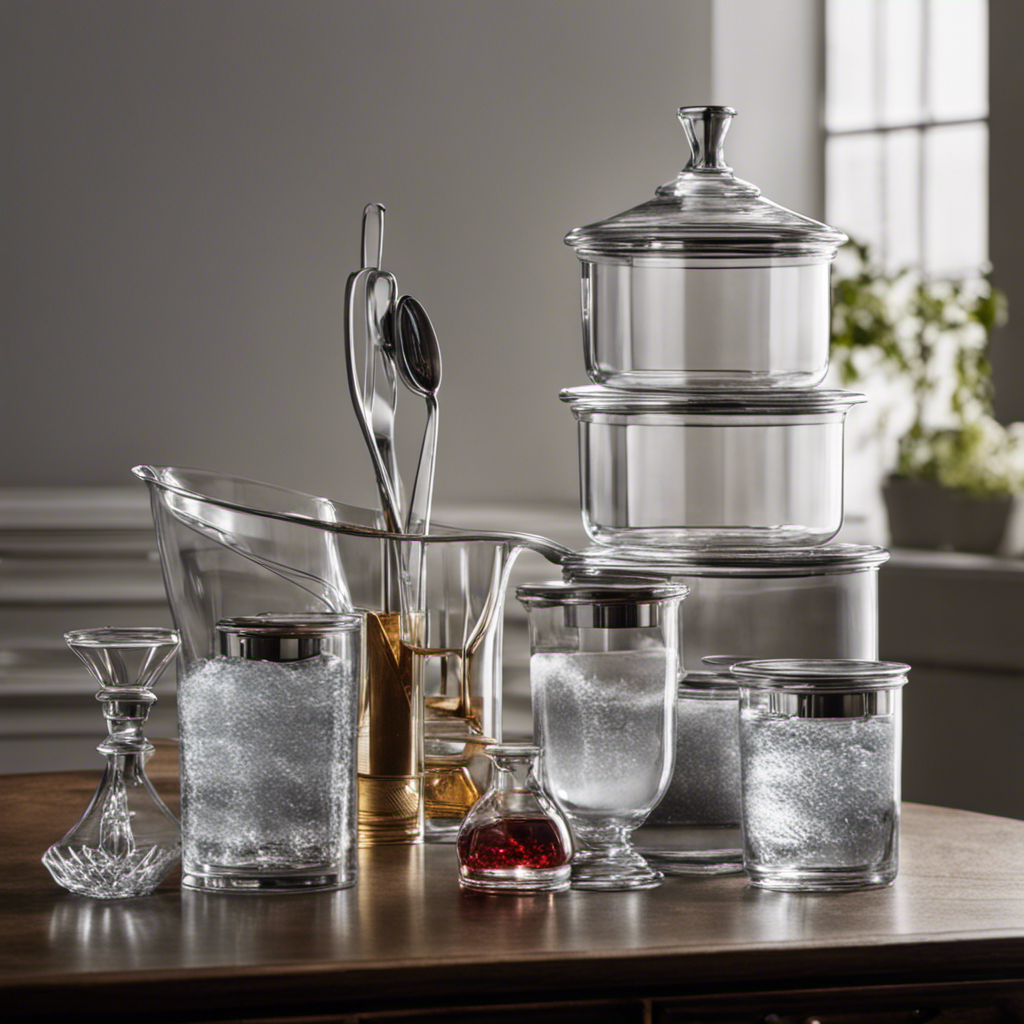 an image that showcases an elegant glass container filled with precisely measured ounces of water, alongside an adjacent collection of delicate, gleaming teaspoons, visually emphasizing the conversion from ounces to teaspoons