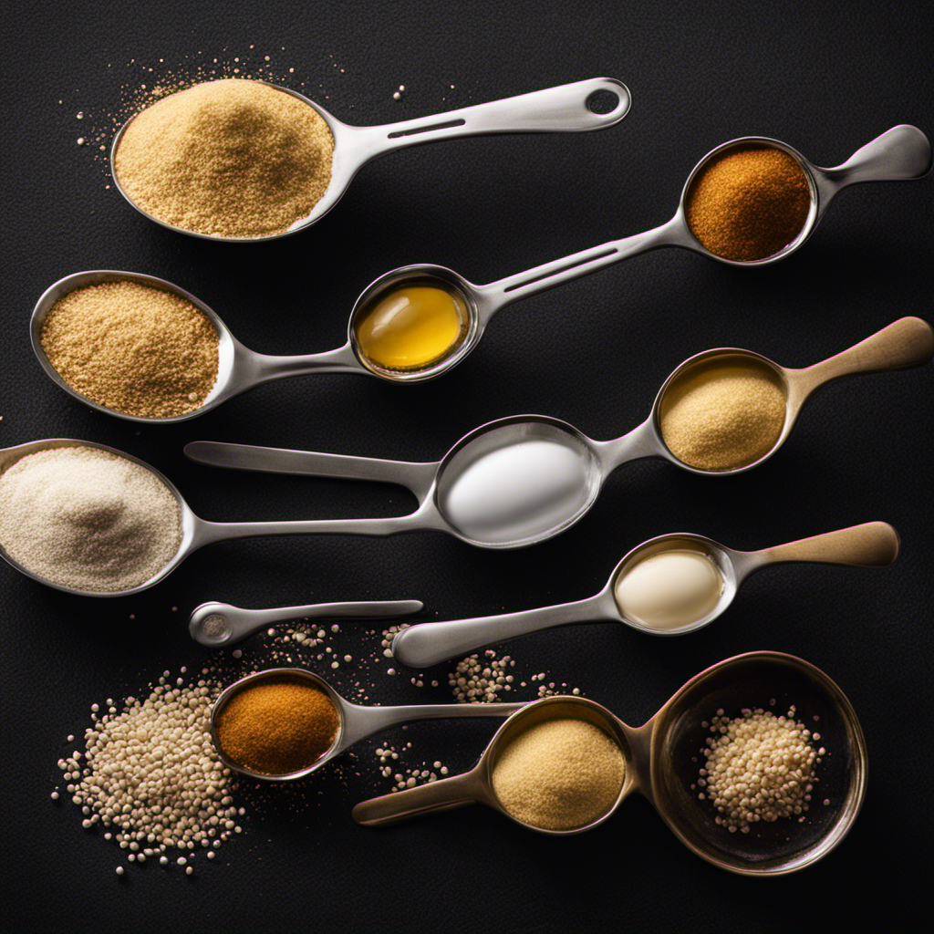 An image showcasing a set of measuring spoons, with an ounce of yeast neatly poured into one teaspoon