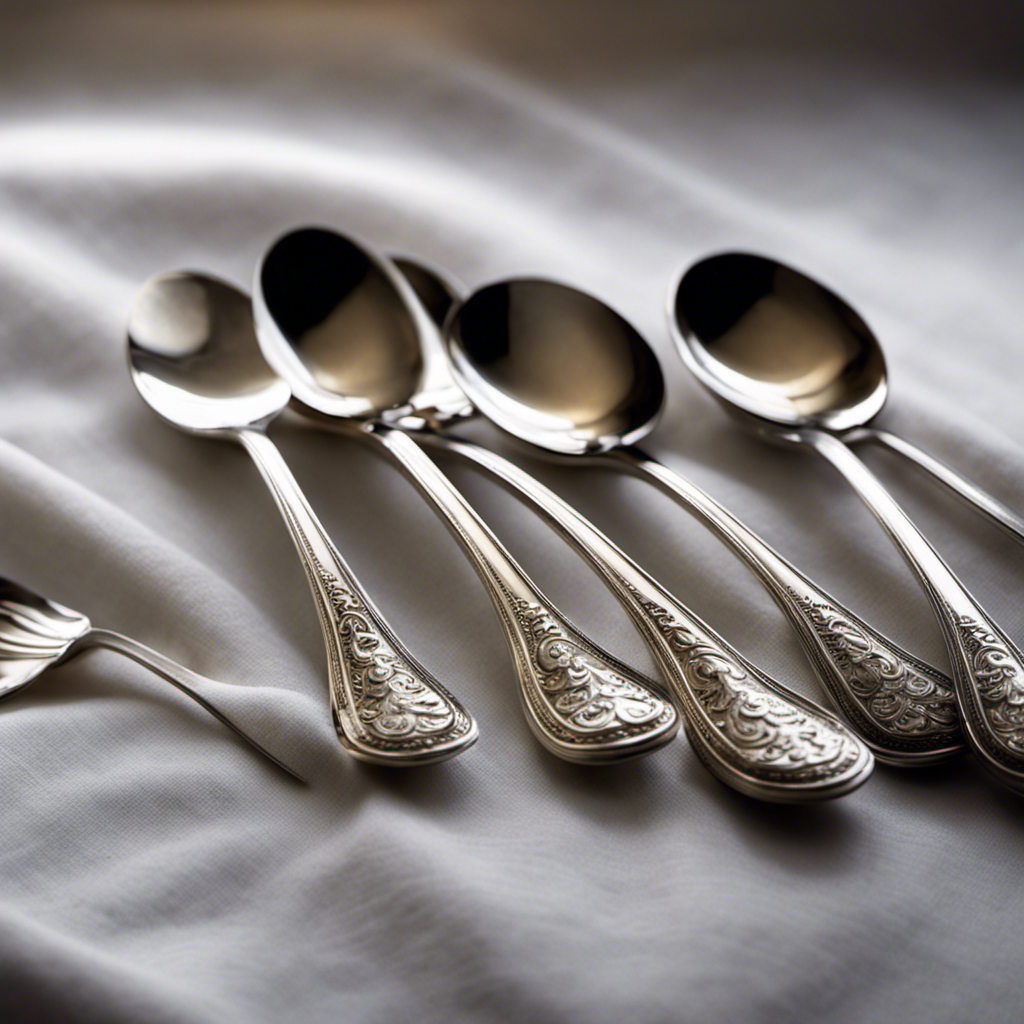 An image of a delicate antique silver teaspoon resting on a pristine linen napkin, alongside seven more identical spoons arranged neatly in a row