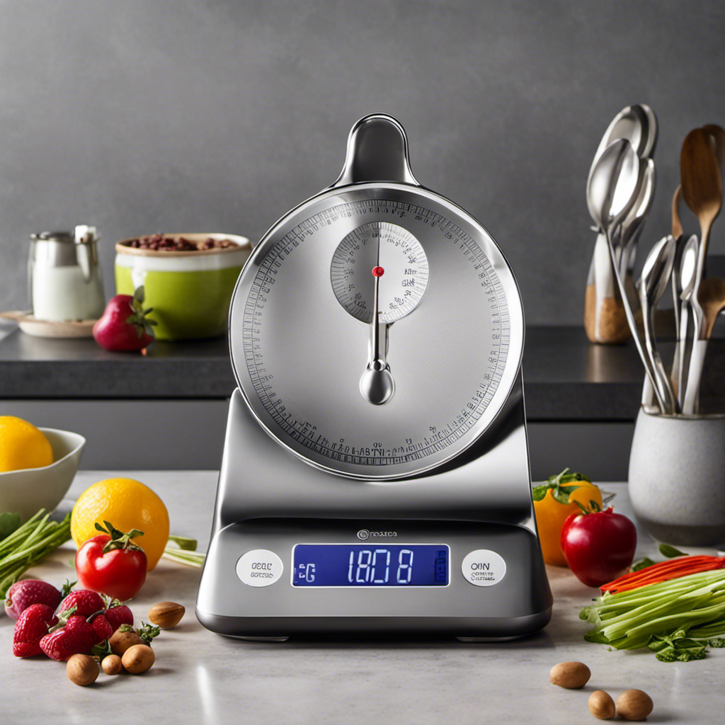 An image that showcases a sleek kitchen scale with a digital display, surrounded by an assortment of colorful measuring spoons, each labeled with the corresponding grams equivalent - from a delicate teaspoon to a hefty tablespoon
