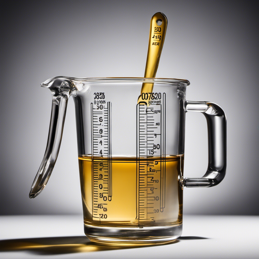 An image showcasing a clear glass measuring cup filled with precisely measured 30 ml of liquid, alongside a collection of precisely measured teaspoons, indicating the equivalent amount