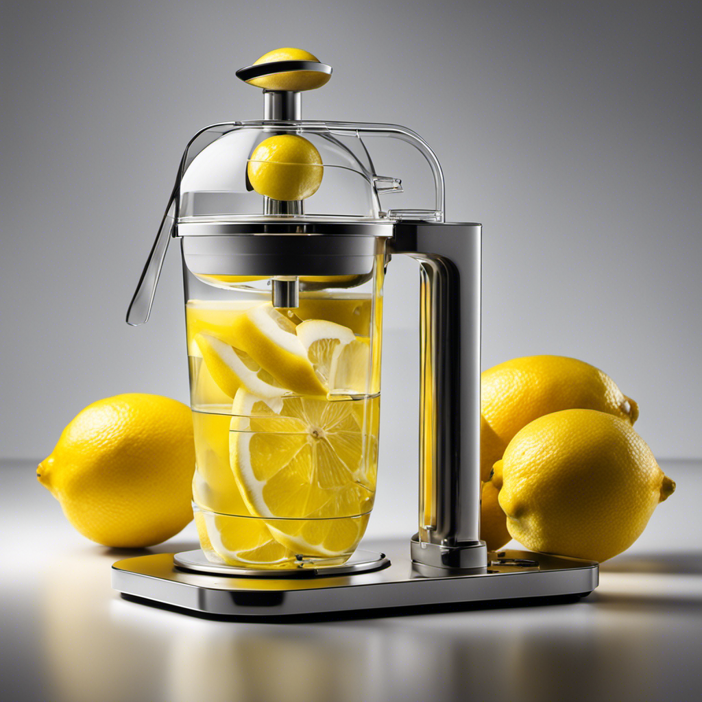 An image showing a sliced lemon on a juicer, with a transparent measuring spoon beneath it, capturing the exact moment when lemon juice is being extracted, visually illustrating the conversion from lemon to teaspoons