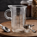An image showcasing a clear glass measuring cup filled with 8 fluid ounces of liquid, alongside a set of measuring spoons, with the smallest spoon holding 1 teaspoon, highlighting the conversion from liquid oz to teaspoons
