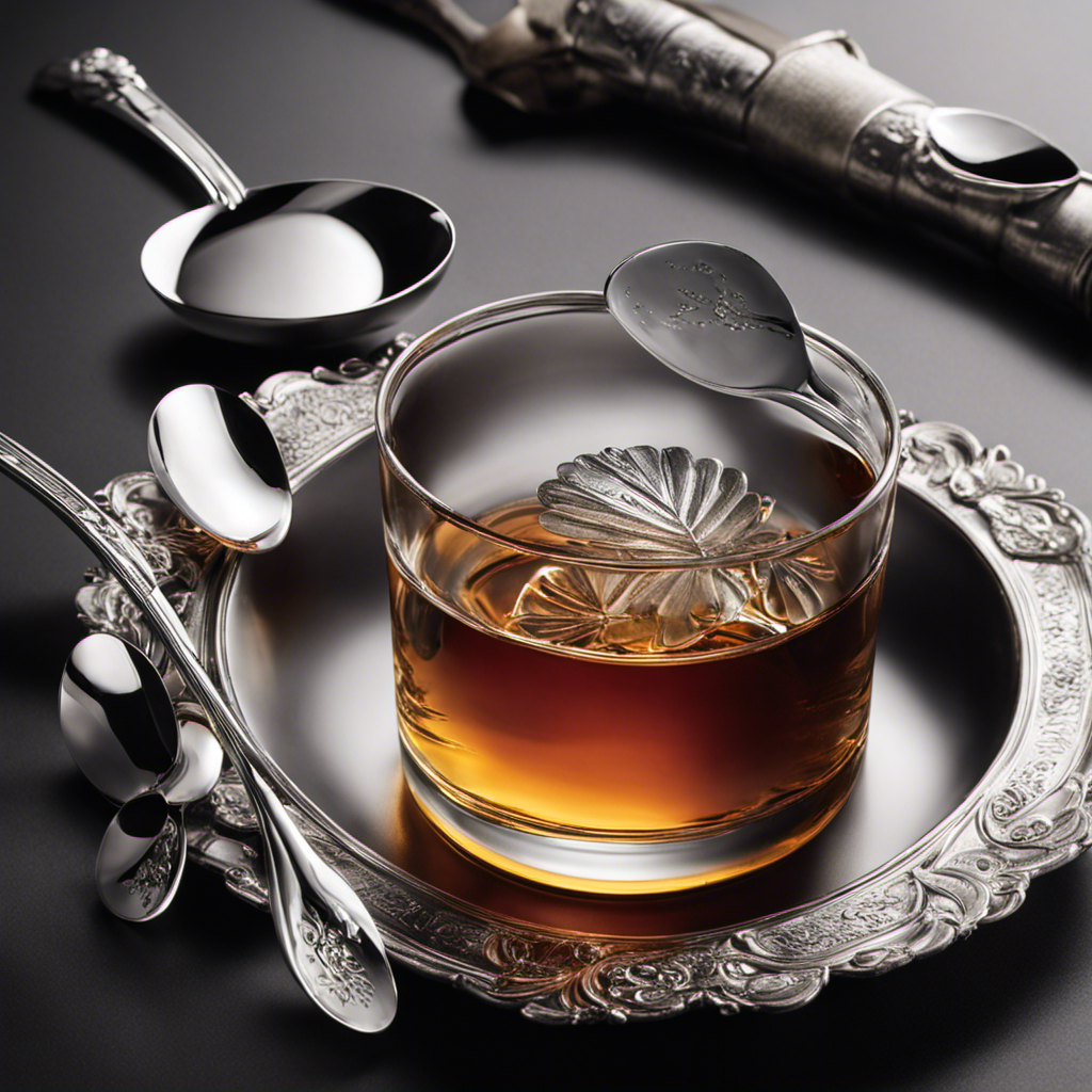 An image capturing the perfect ratio between a dram and teaspoons, showcasing a delicate silver teaspoon containing precisely one dram of liquid, positioned beside a set of measuring spoons