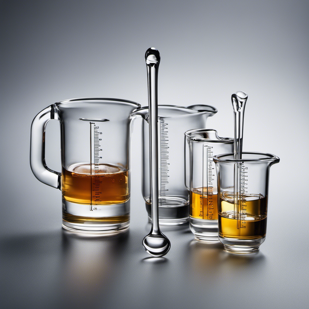 An image showcasing a clear glass measuring cup filled with precisely measured 1 milliliter of liquid, alongside a collection of six identical teaspoons, each labeled with a numerical value, visually depicting the conversion from milliliters to teaspoons