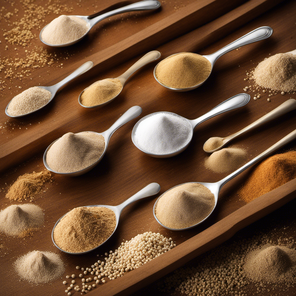 An image showcasing a measuring spoon filled with exactly one packet's worth of dry yeast, surrounded by a pile of loose, granulated yeast, providing a visual comparison for the equivalent amount in teaspoons