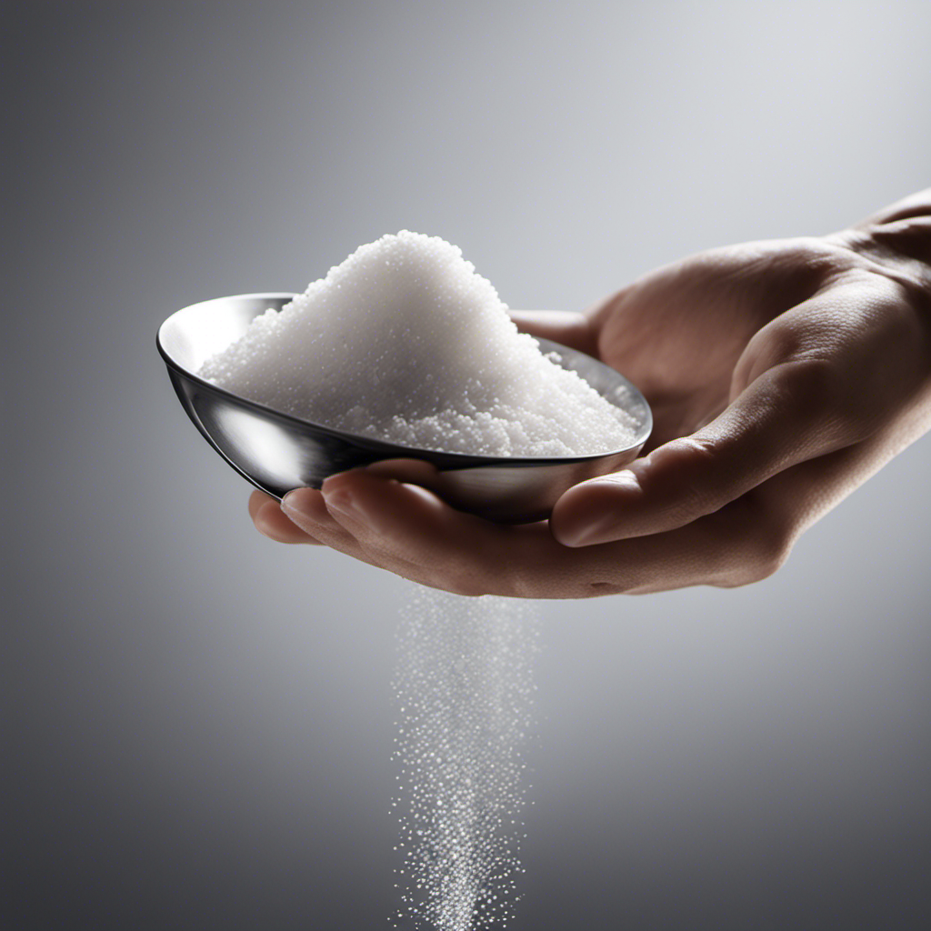 An image showcasing a hand delicately holding a teaspoon, with a pinch of salt gracefully sprinkling out
