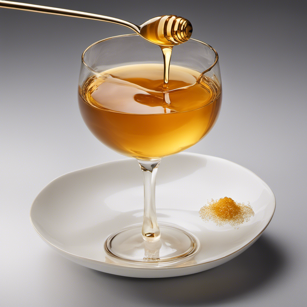 An image showcasing a crystal-clear glass filled to the brim with golden honey, gently pouring a single teaspoon onto a delicate white porcelain spoon, perfectly capturing the essence of "How Much Is One Teaspoon