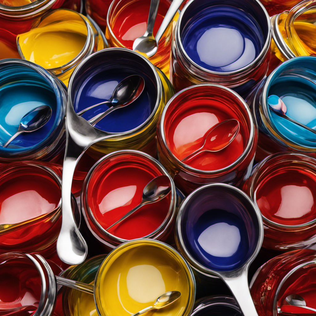 An image showcasing a vibrant, overflowing jar filled with precisely measured teaspoons - six red, one blue, and eight yellow