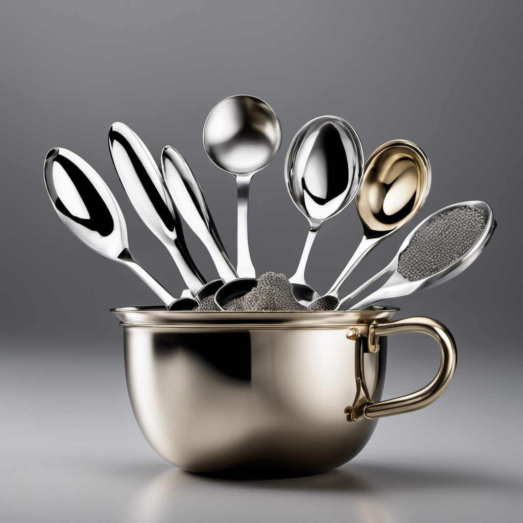 An image showcasing a collection of various teaspoons and a measuring cup filled with milliliters, highlighting the conversion between the two units
