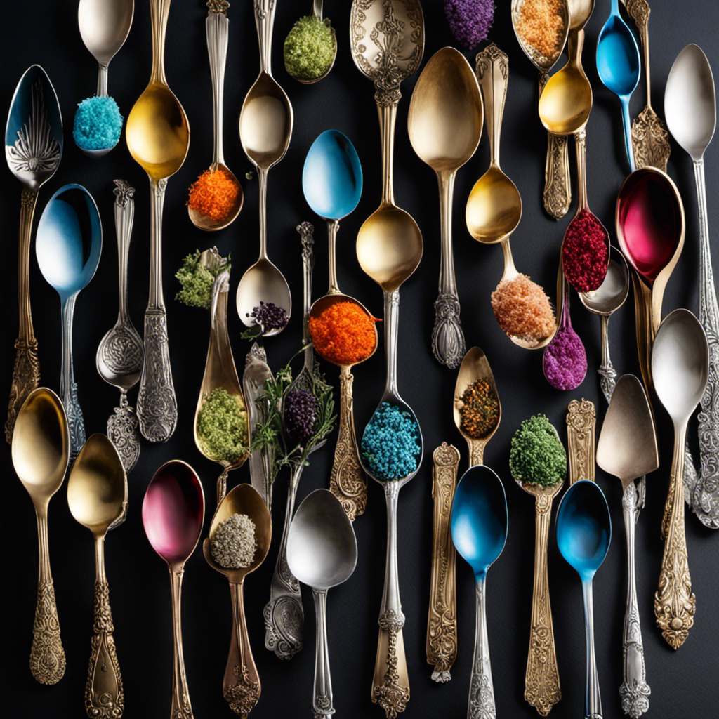 An image showcasing a colorful assortment of ten delicate teaspoons arranged in a neat row on a kitchen countertop