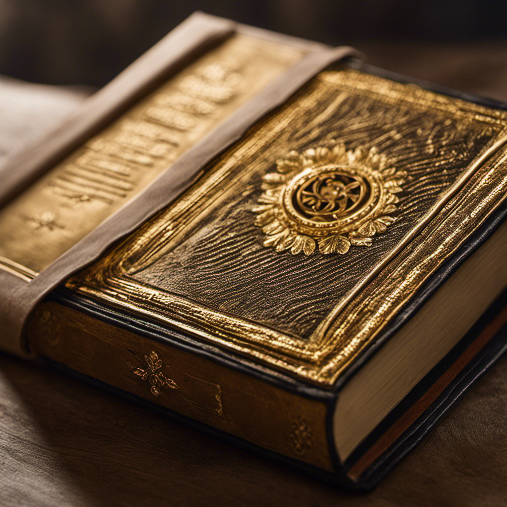 An image showcasing a weathered, leather-bound book with gold embossed detailing on the cover, displaying the first edition of Machado de Assis' "Posthumous Memories