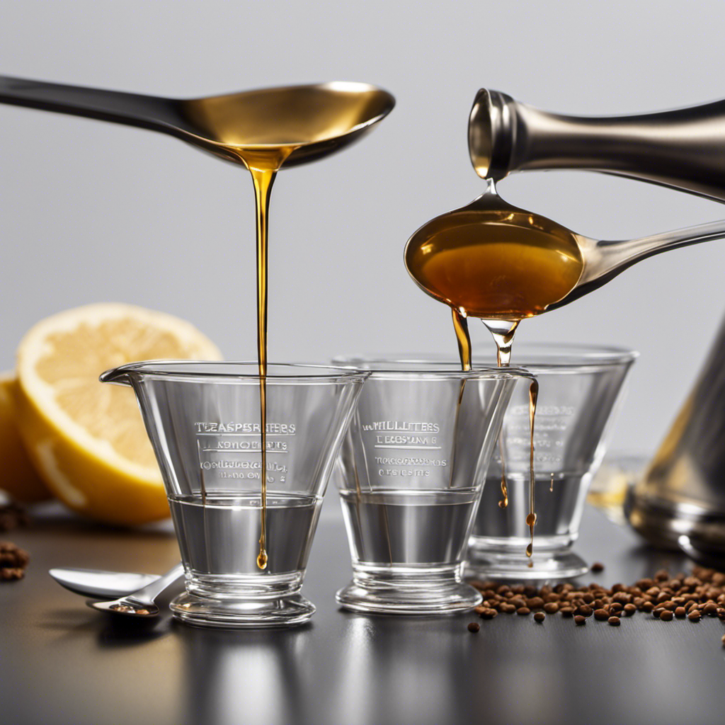 An image showcasing two identical teaspoons pouring their contents into a transparent milliliter cup, clearly highlighting the precise measurements