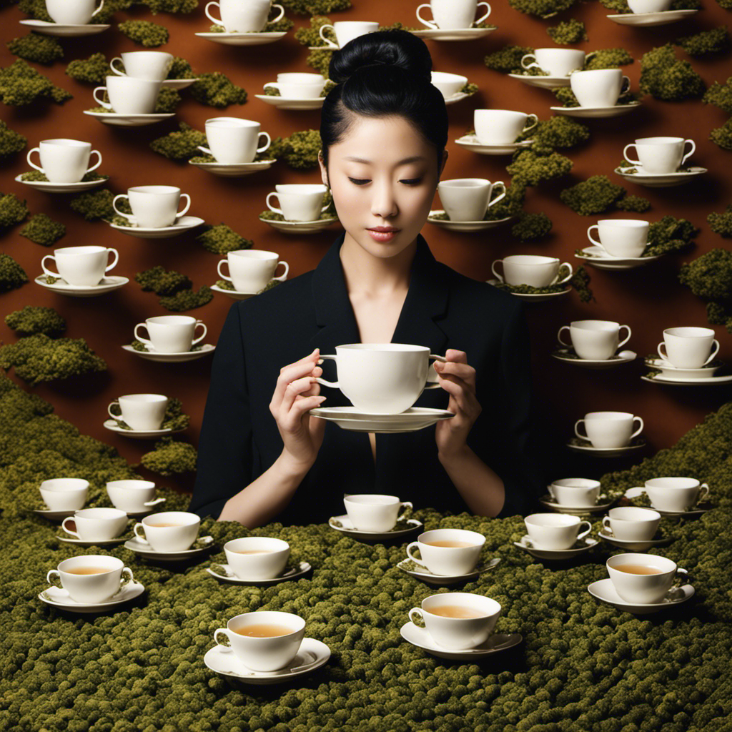 An image showcasing a person holding multiple overflowing teacups, surrounded by countless oolong tea leaves scattered haphazardly