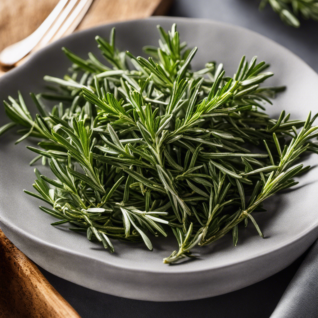 An image showcasing two teaspoons of finely chopped fresh rosemary nestled beside a vibrant sprig, highlighting the difference in quantity