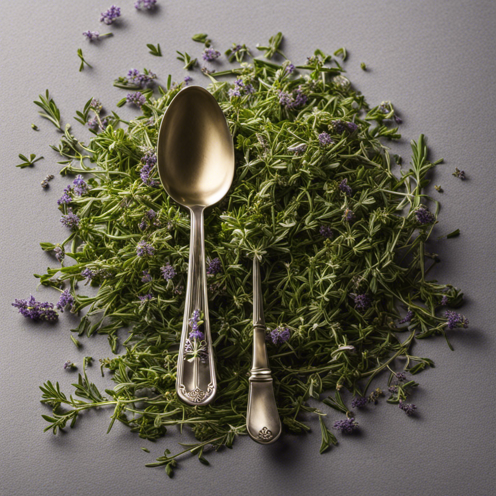 An image showcasing two delicate teaspoons, filled to the brim with aromatic thyme leaves