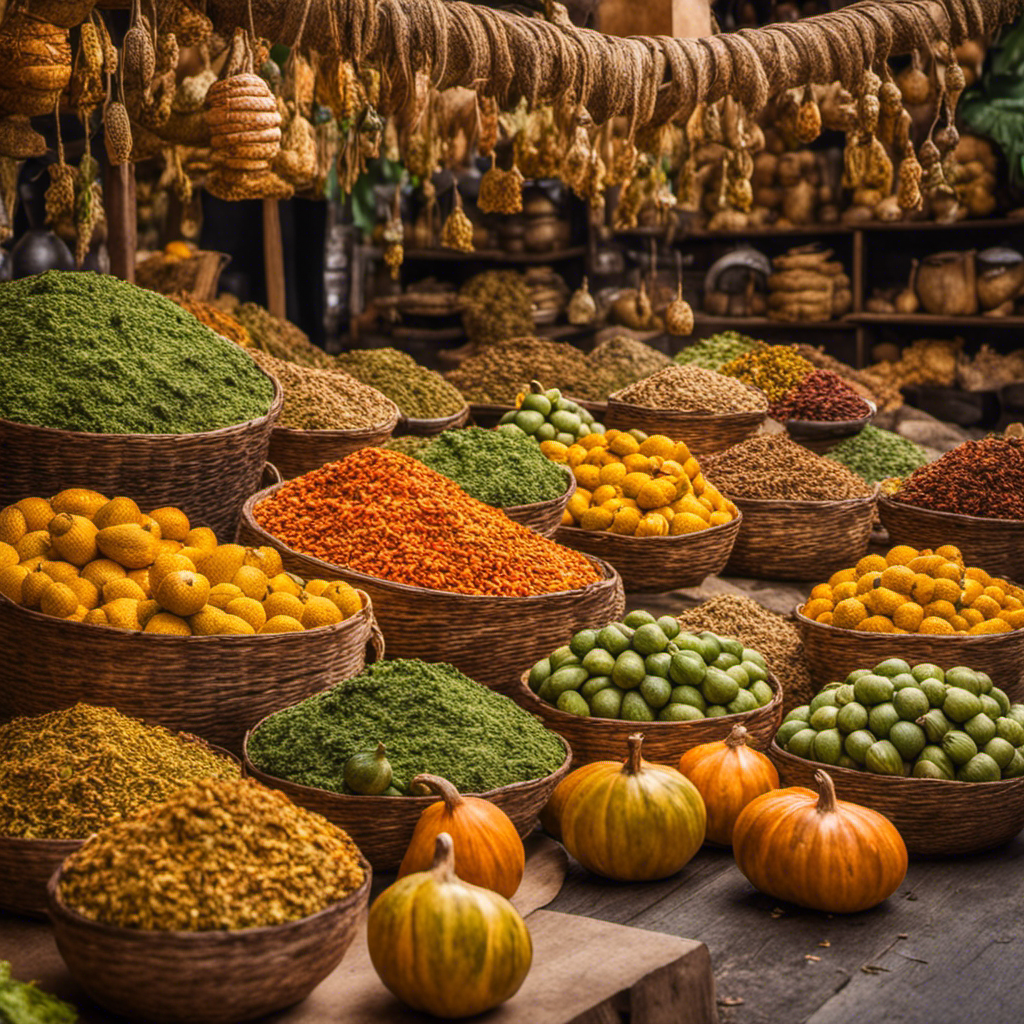 An image showcasing a bustling Uruguayan marketplace, adorned with vibrant stalls overflowing with stacks of yerba mate gourds, wrapped bombillas, and neatly packaged mate tea leaves, exuding an inviting aroma