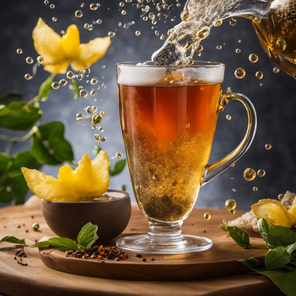 An image capturing the essence of a tea bag exploding with vibrant, effervescent kombucha, overflowing with frothy bubbles, showcasing the perfect balance between the delicate tea leaves and the rich, fermented goodness
