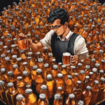 An image portraying a person holding a glass filled with kombucha tea, surrounded by numerous empty bottles of kombucha