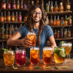 An image featuring a person surrounded by overflowing glasses of kombucha, each glass progressively larger and more vibrant in color