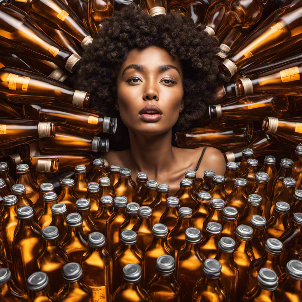 An image of a person surrounded by empty Kombucha bottles, their face flushed, holding a breathalyzer showing