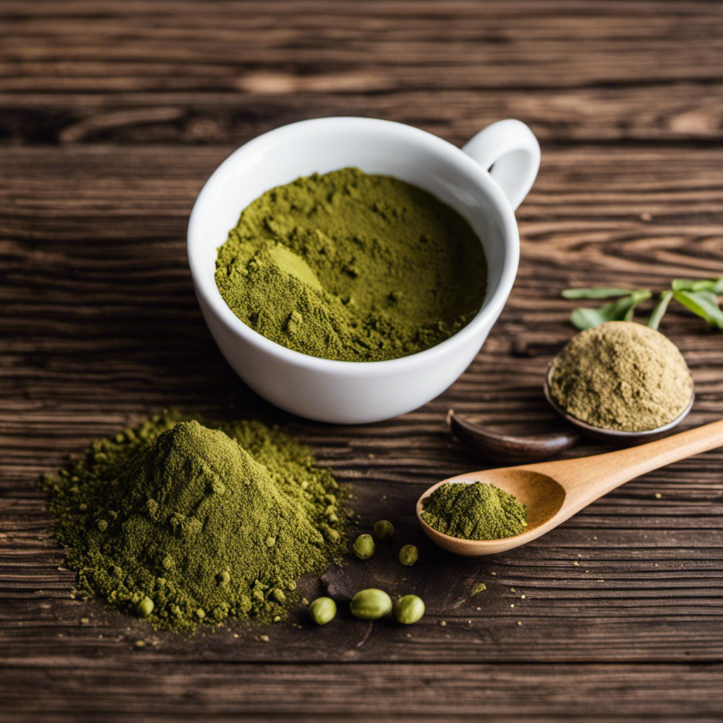 An image showcasing a porcelain teaspoon filled with finely ground Kratom powder, delicately balanced on a wooden surface beside a cup of steaming tea