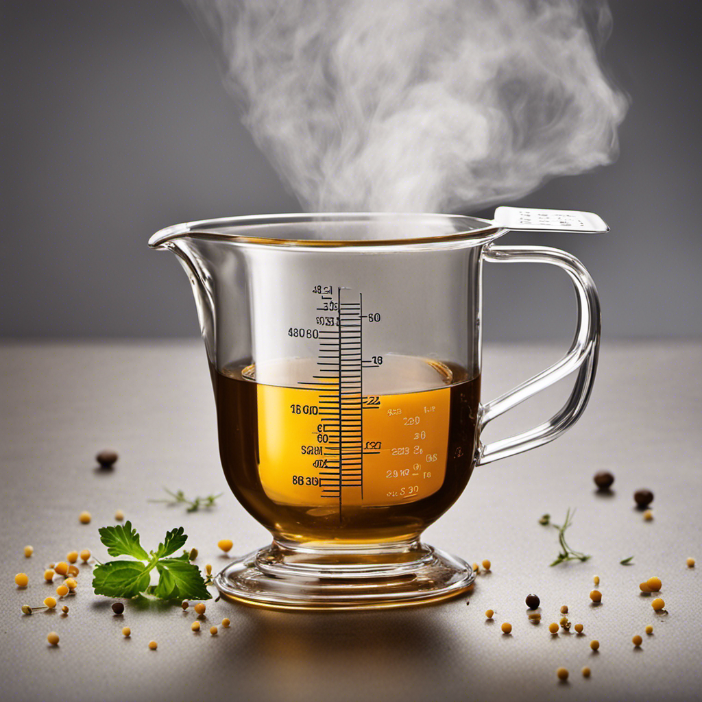 An image featuring a transparent measuring cup filled with precisely measured 2 teaspoons of bouillon granules, gradually dissolving into a steaming and aromatic liquid, filling the cup up to the 1/4-cup mark