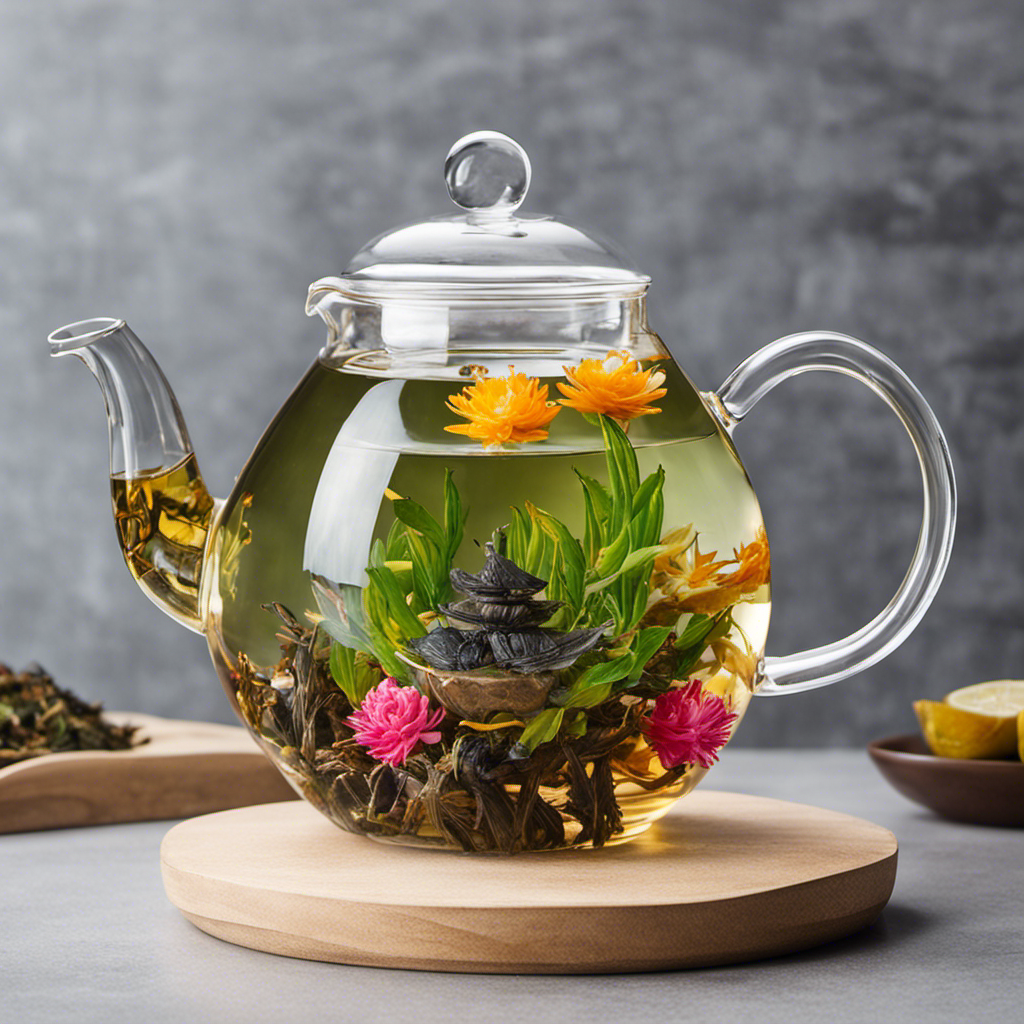 An image showcasing a glass teapot filled with vibrant flowering tea blossoms, delicately infused with liquid kelp and bat guano