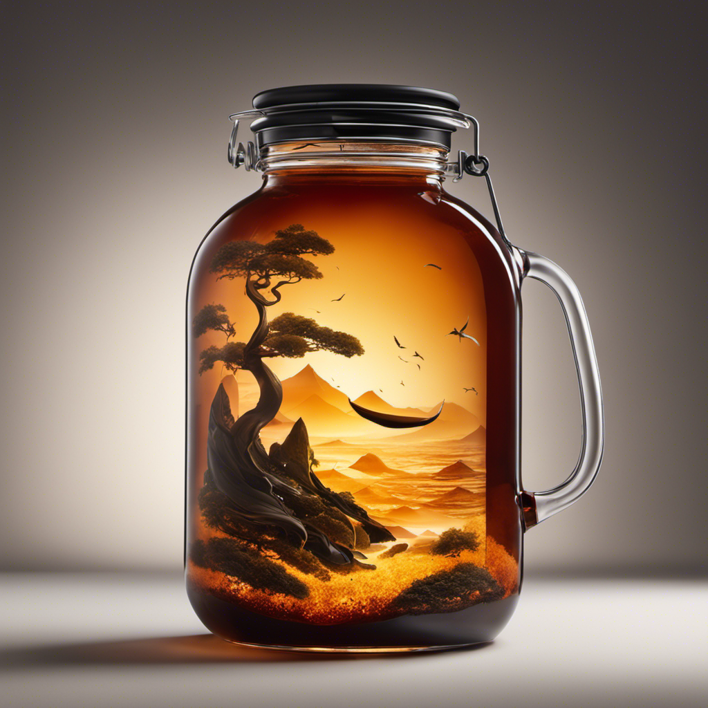 An image showcasing a glass gallon jar filled with freshly brewed kombucha, adorned with loose black tea leaves gently swirling in the amber liquid, providing a visual representation of the ideal tea-to-kombucha ratio
