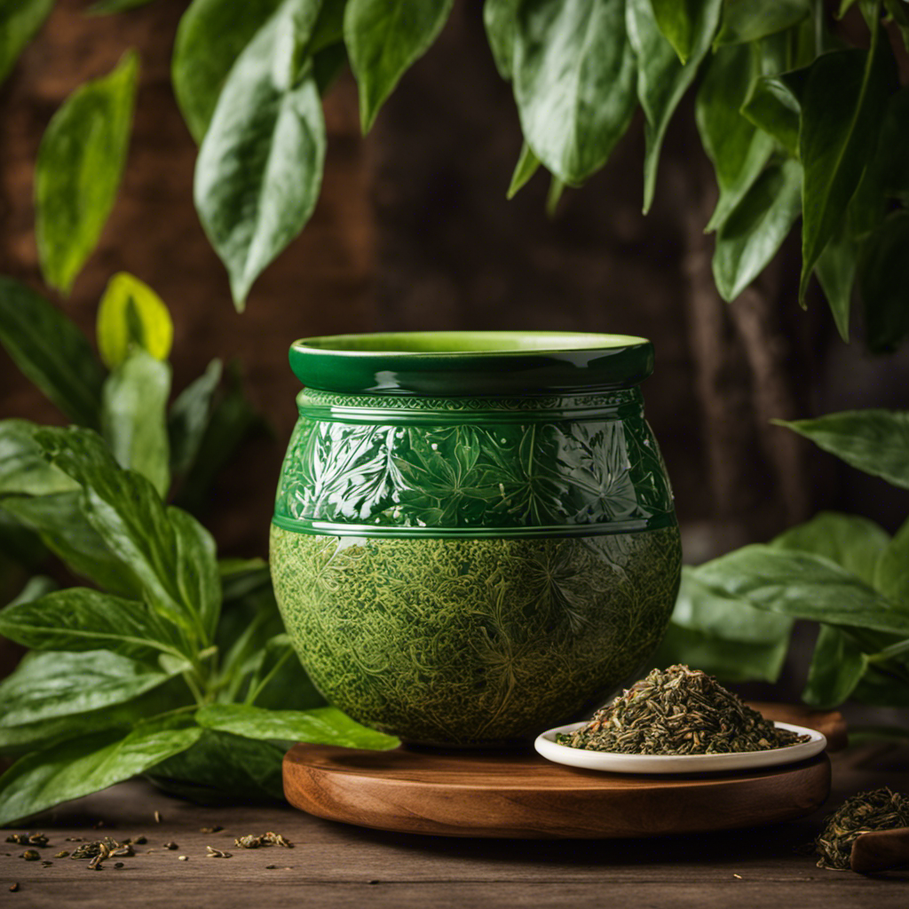 An image showcasing a vibrant green ceramic cup filled with precisely measured loose leaf Yerba Mate, gently arranged around the rim, ready to be brewed