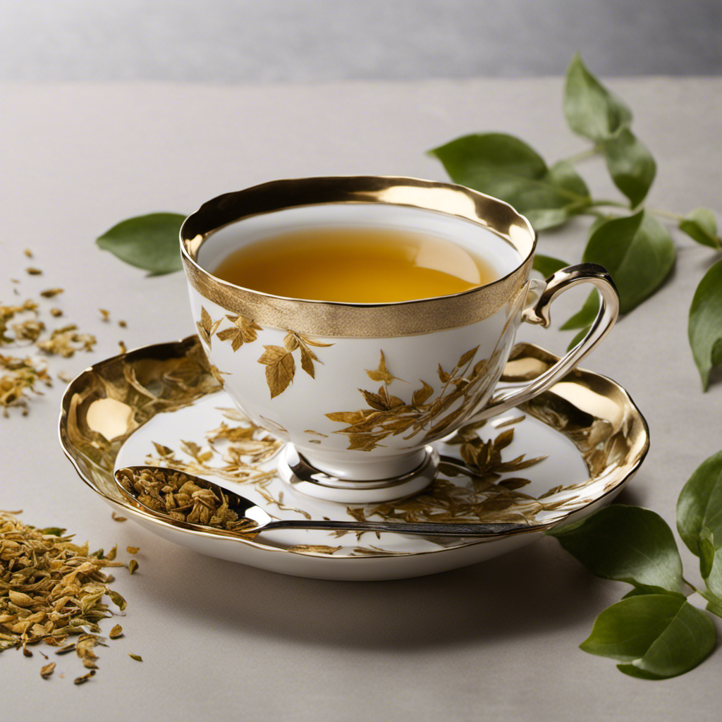 An image capturing the art of tea-making: An elegant ceramic teacup filled with golden-hued oolong tea leaves, gently spilling into a vintage silver tablespoon, illustrating the perfect measure per cup