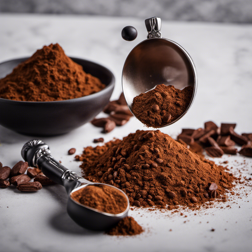 An image showcasing a hand holding a measuring spoon filled with raw cacao powder, with a magnifying glass focused on the spoon, emphasizing precision and highlighting the accurate measurement of magnesium content