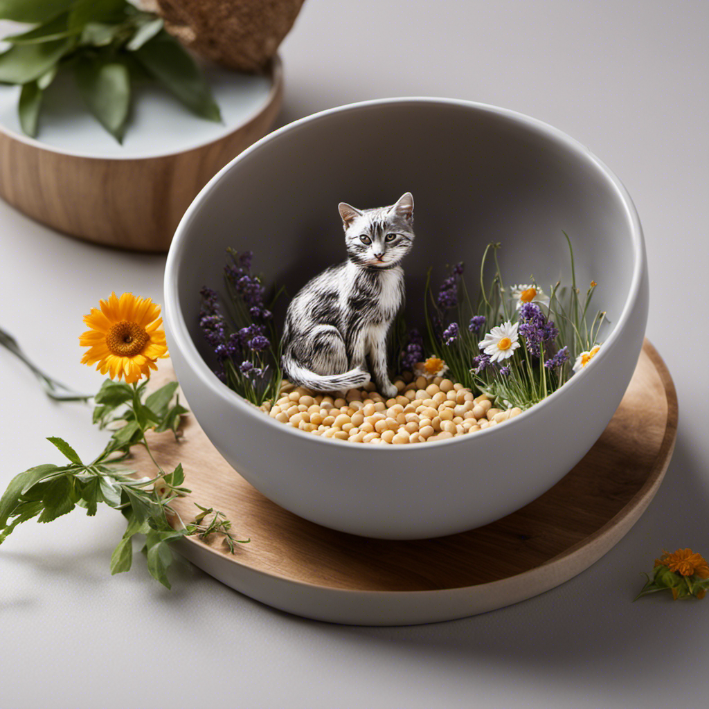 An image showcasing a serene, cozy setting of a cat's feeding area