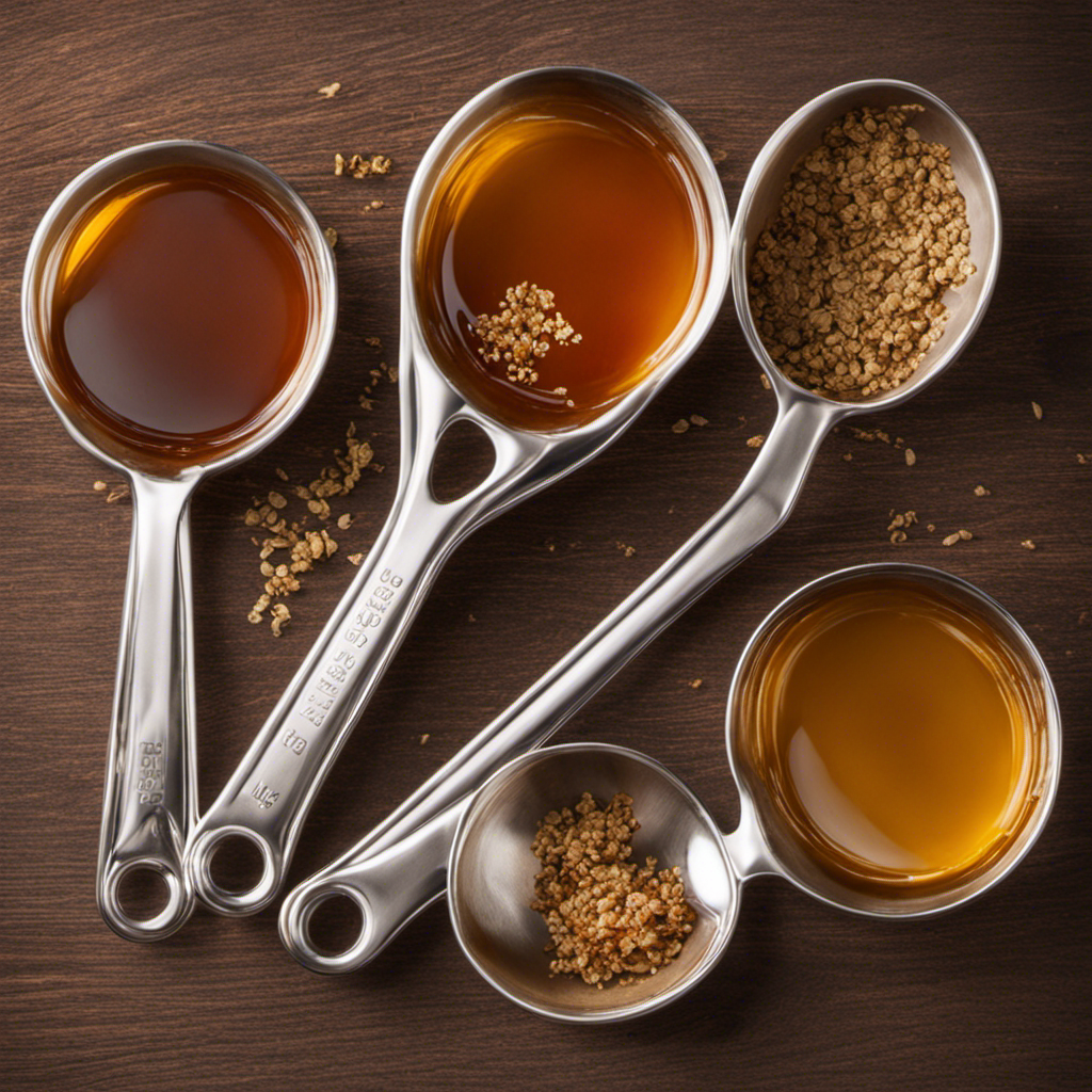 An image showcasing two identical measuring spoons, one filled with 2 teaspoons of maple flavoring, the other filled with golden, viscous maple syrup, beautifully oozing out, highlighting the ratio of syrup needed to replace the flavoring