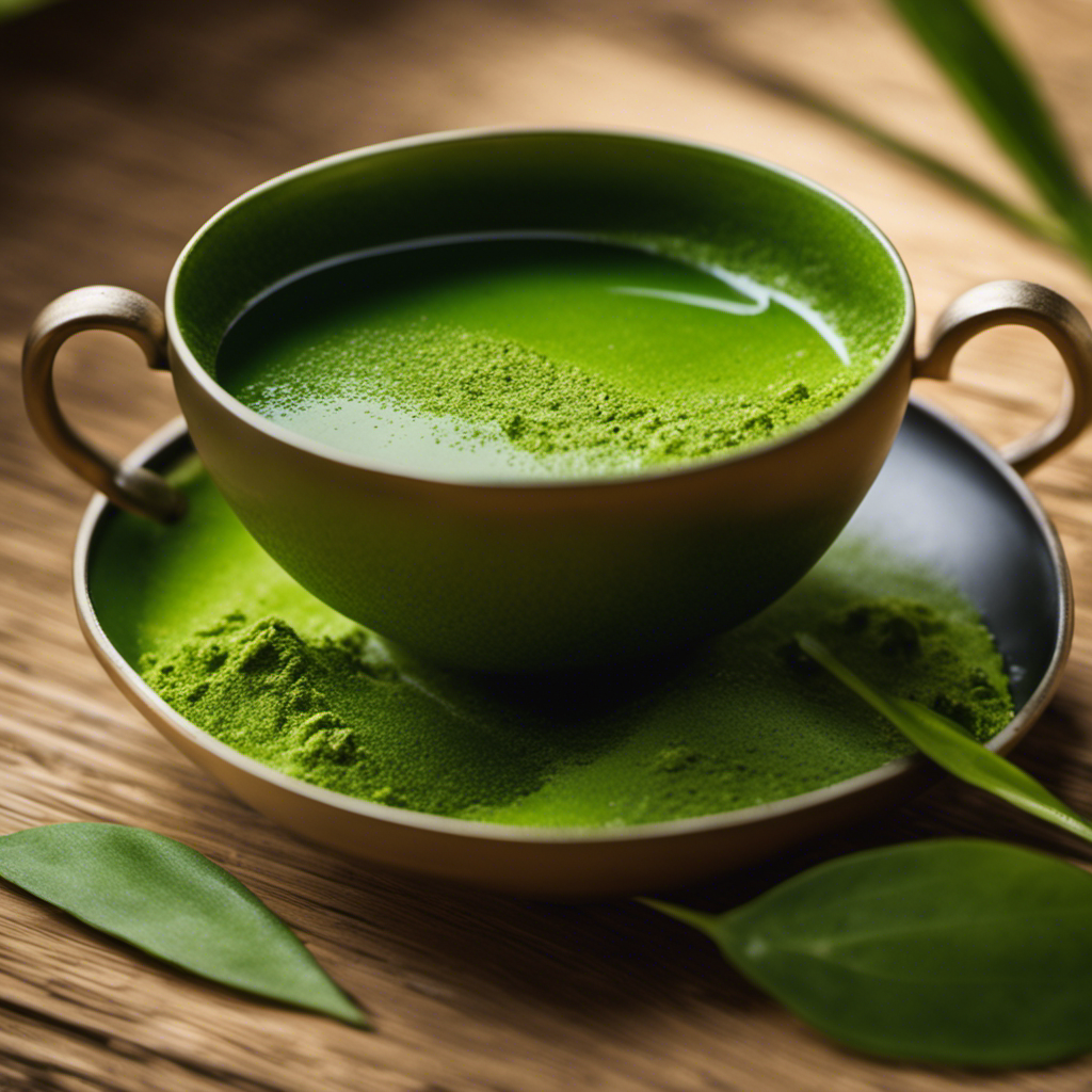An image showcasing a serene, minimalist teacup filled with vibrant green matcha, perfectly measured with two heaping teaspoons, gently stirred, creating a frothy layer on top, against a backdrop of bamboo leaves