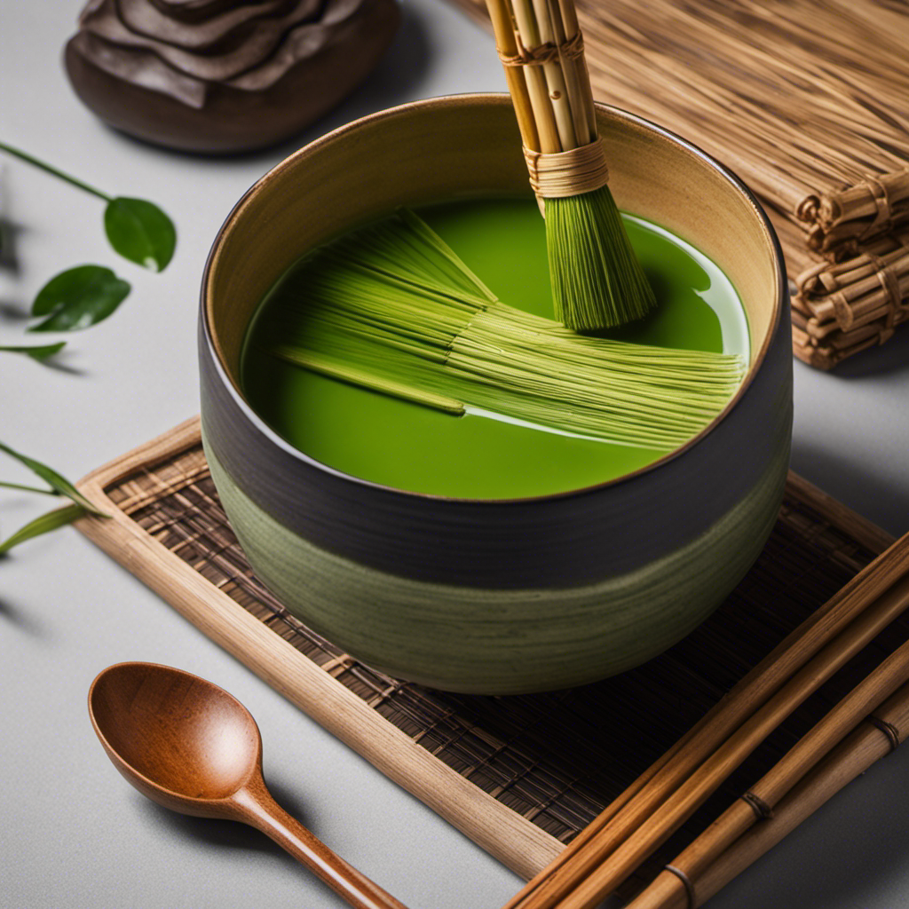 An image showcasing a serene tea ceremony scene with a traditional ceramic matcha bowl, bamboo whisk, and a small spoon delicately measuring the perfect amount of vibrant green matcha powder