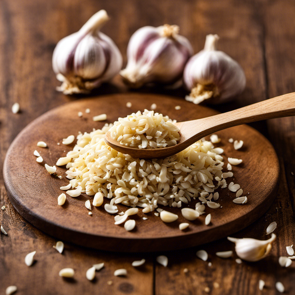 An image showing two heaping teaspoons of finely minced garlic, spread out evenly on a wooden cutting board