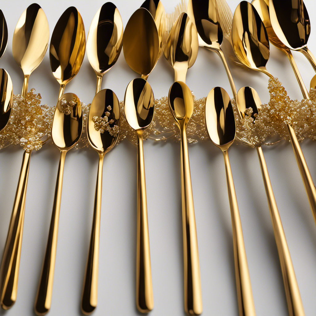 An image showcasing a tall, shimmering stack of 40 delicate teaspoons, each brimming with luscious golden honey