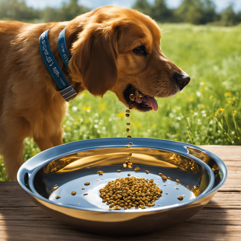 An image showcasing a measuring spoon filled with Omega-3 fish oil, gently pouring a precise amount into a dog's bowl