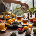 An image showcasing a serene setting with a person holding a cup of Oolong Gaba tea, surrounded by a scale, measuring tape, and a plate of fresh fruits, emphasizing the connection between the tea and weight loss