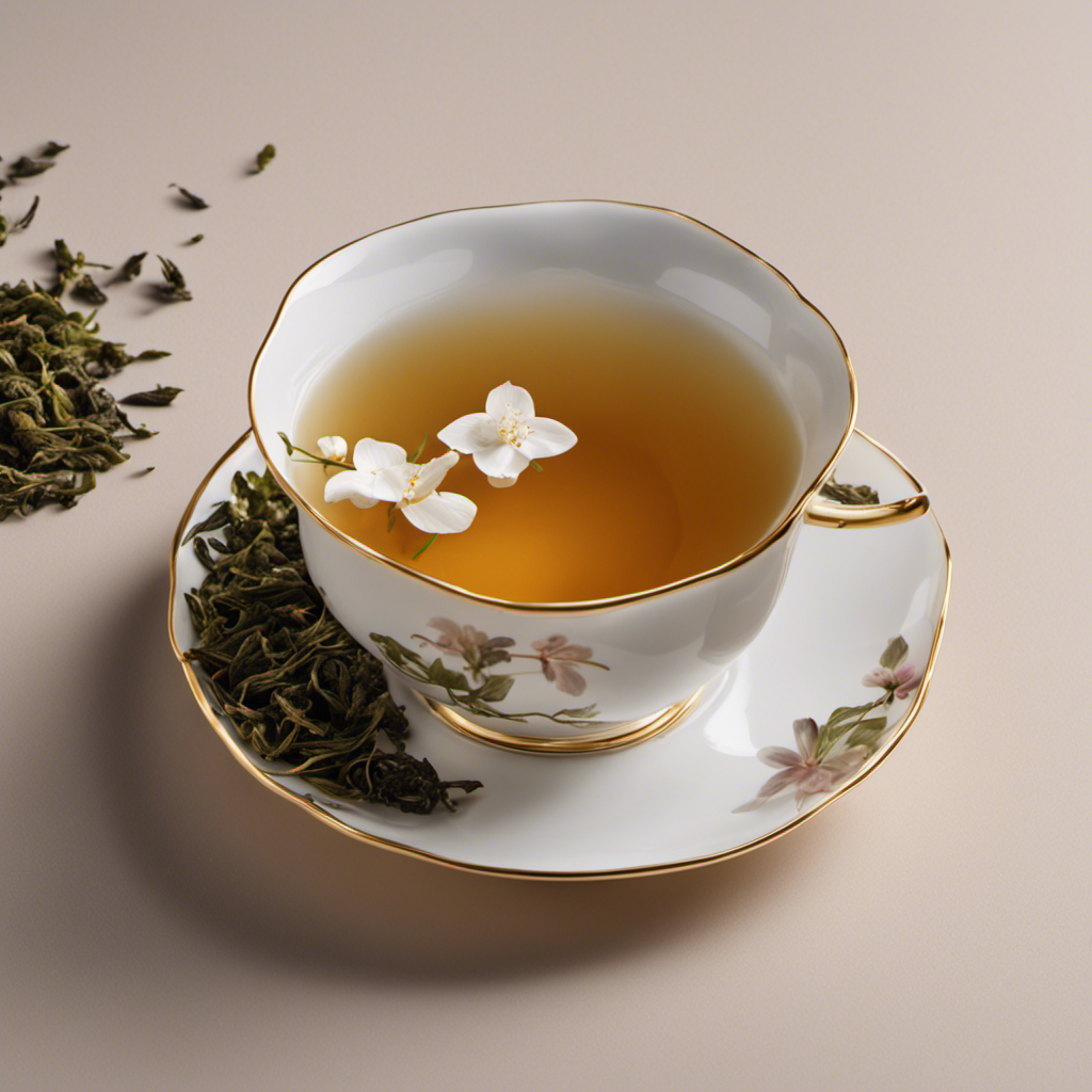 An image depicting a delicate porcelain teacup filled with fragrant Oolong Jasmine tea