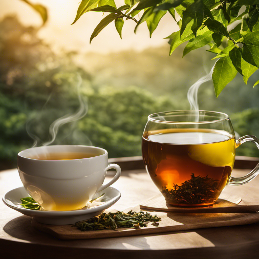 An image showcasing a serene morning scene with a steamy cup of oolong tea, surrounded by freshly picked tea leaves