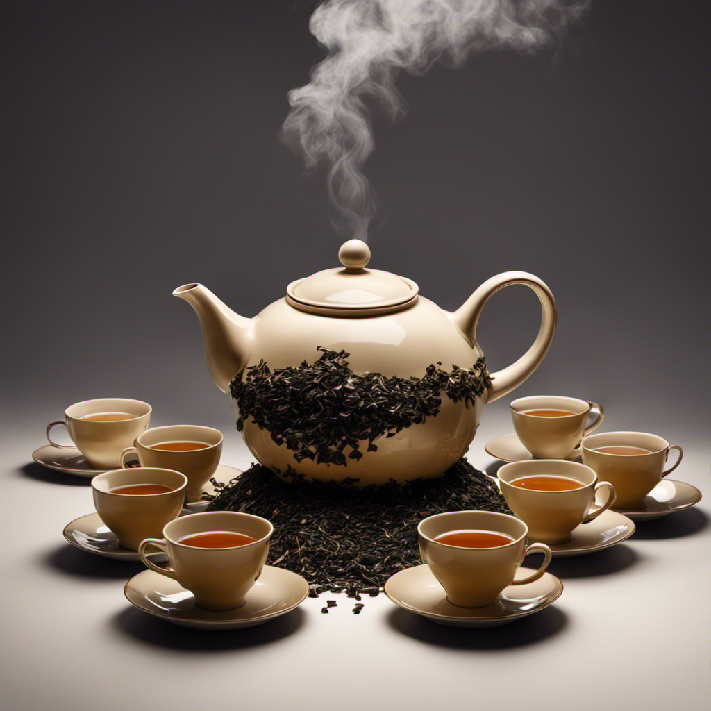 An image with a teapot overflowing with steaming oolong tea, surrounded by numerous empty teacups scattered on a table