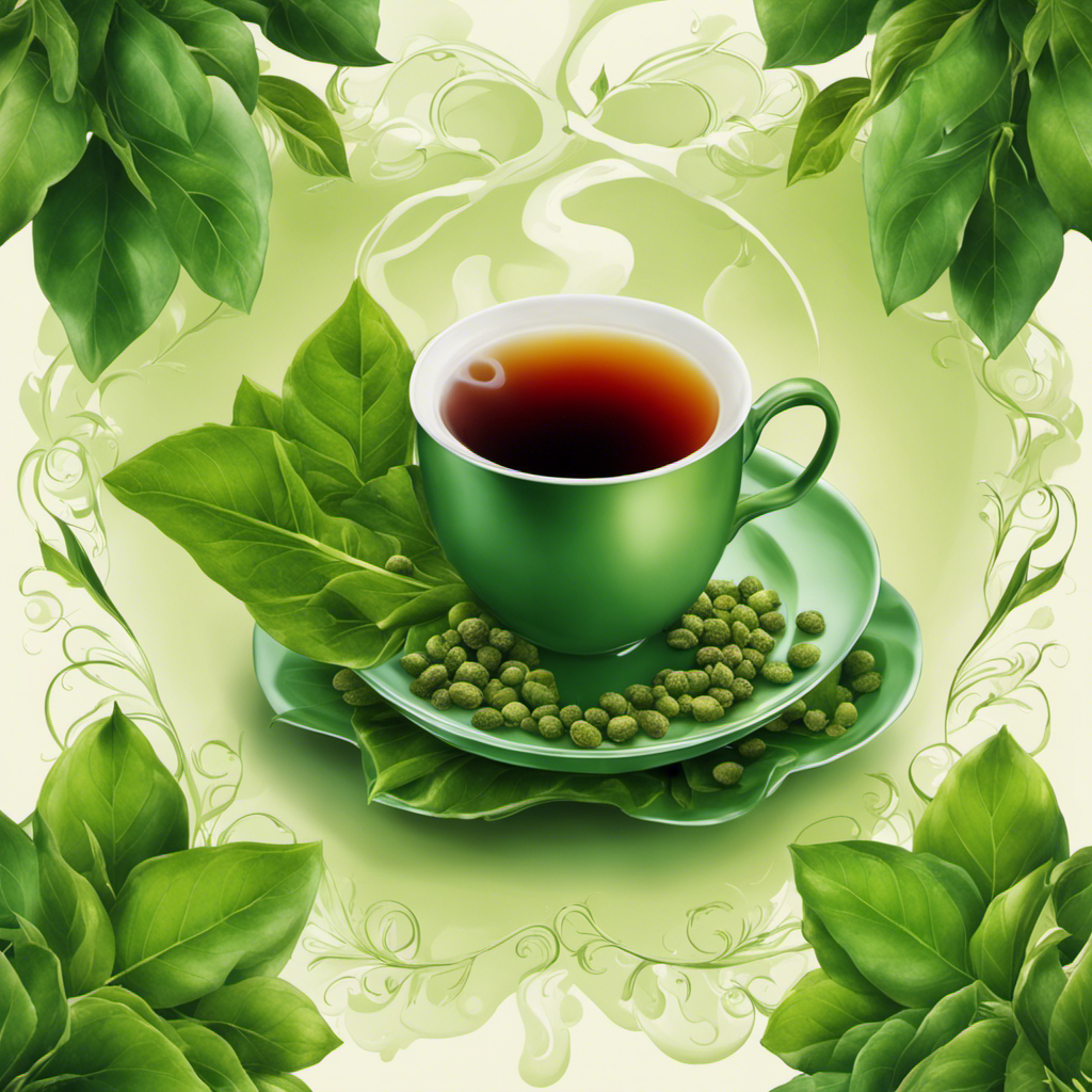 An image featuring a vibrant cup of Oolong tea, steam rising gracefully, surrounded by fresh green tea leaves