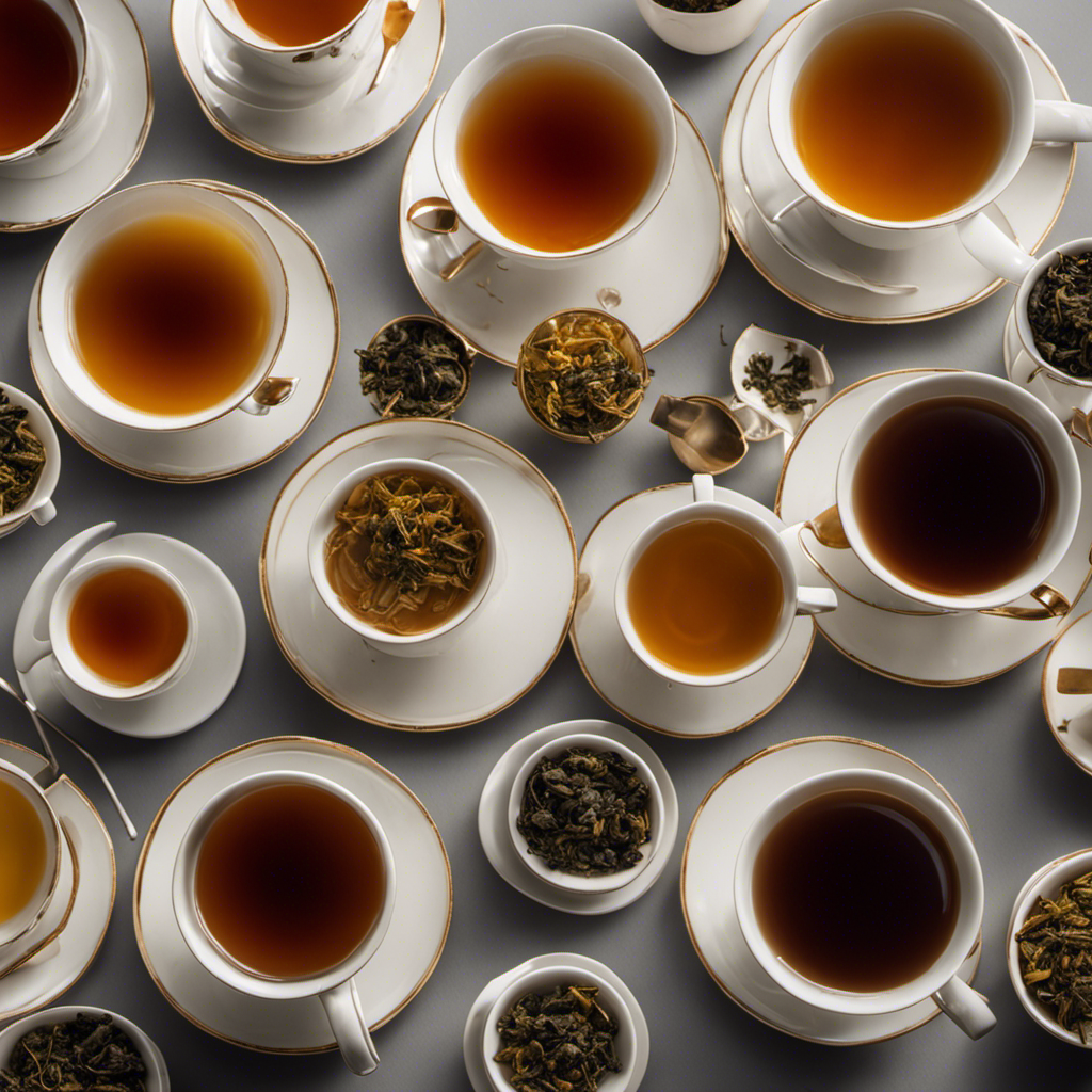 An image of a person holding a cup of steaming oolong tea, surrounded by multiple cups representing suggested daily consumption; each cup progressively filled to depict varying quantities, reflecting the question "How Much Oolong Tea Should You Drink A Day?"