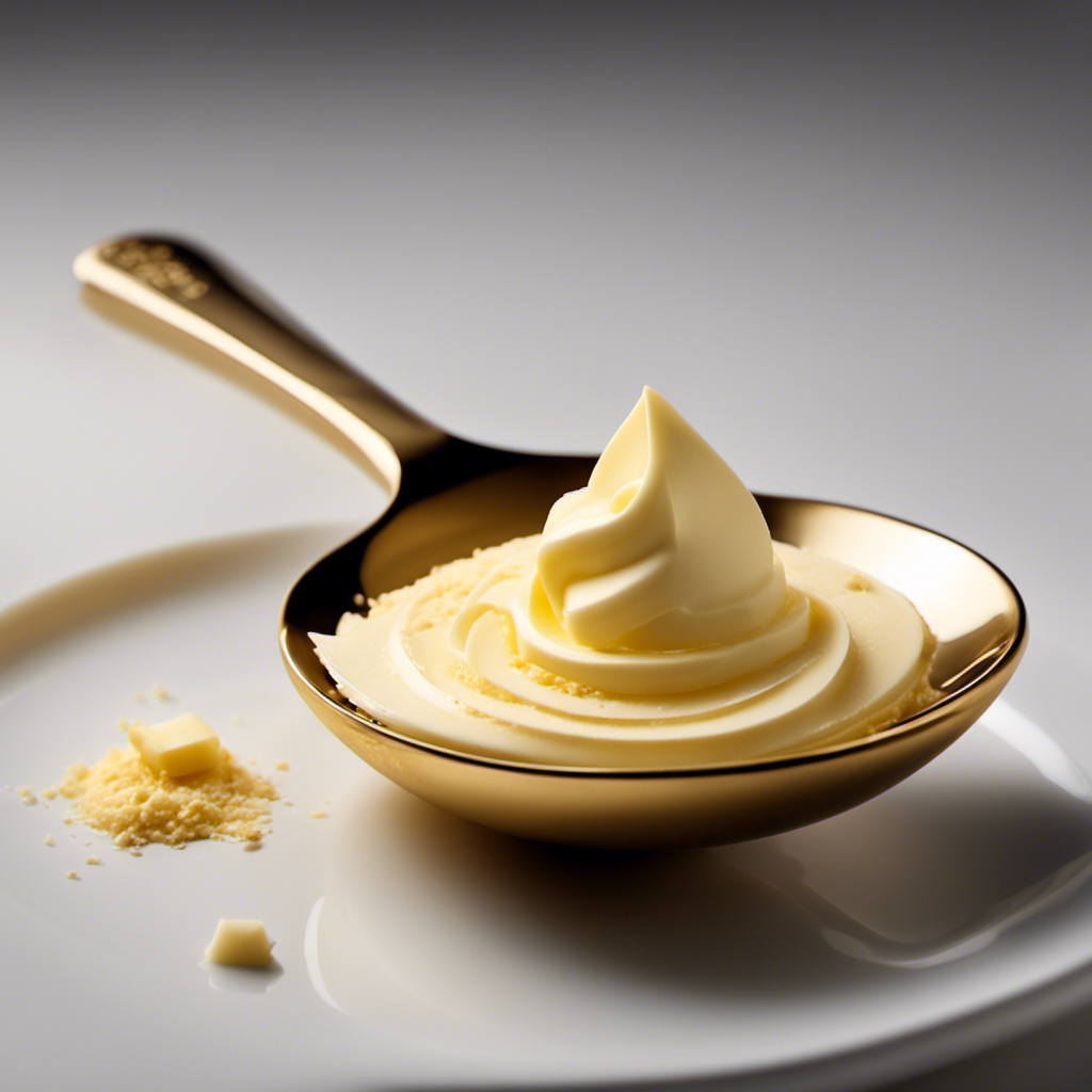 An image depicting a measuring spoon filled with precisely 2 teaspoons of butter, beautifully capturing the creamy, golden texture